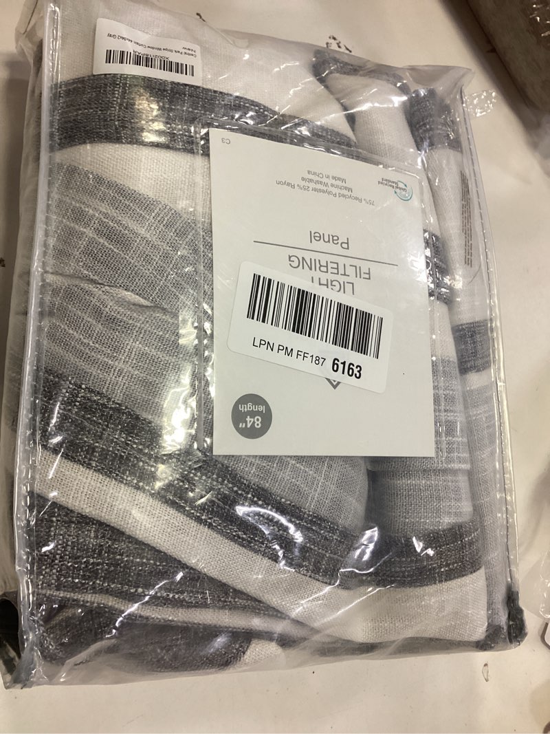 Condition photo showing As Is for Central Park Gray White Stripe Farmhouse Curtains Semi-Sheer Rayon Blend Heavy Linen Texture Window Curtain Panel 6 Grommets Treatment for Living Room/Bedroom, Set of 2, 44\" x 84\" Each 44\"W x 84\"L (Pack of 2) Grey