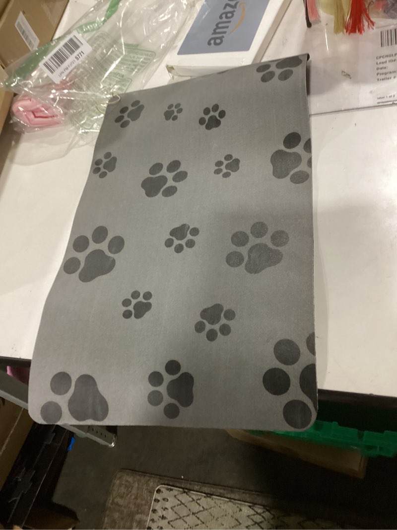 Condition photo showing Good Condition for pet feeding mat-cat dog mat for food and water bowl, absorbent quick dry food mat anti-slip no stains dog placemat with footprints for messy drinkers,12"x20"dark grey 12"×20" dark gray-jy