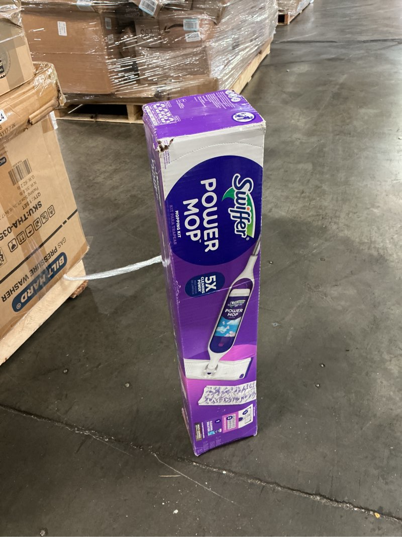 Condition photo showing As Is for swiffer powermop multi-surface mop kit for floor cleaning, fresh scent, mopping kit includes powermop, 2 mopping pad refills, 1 floor cleaning solution with fresh scent and 2 batteries purple and white