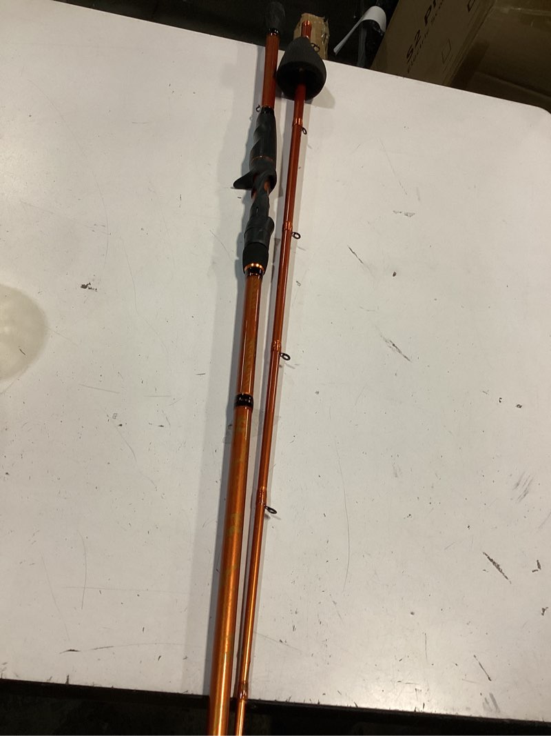 Condition photo showing As Is for kastking lethal blaze twin-tip fishing rod and reel combo, spinning & baitcaster combo, flame pattern design, im6 graphite 2pc rod with backup tip section, stainless-steel guides, eva handle
