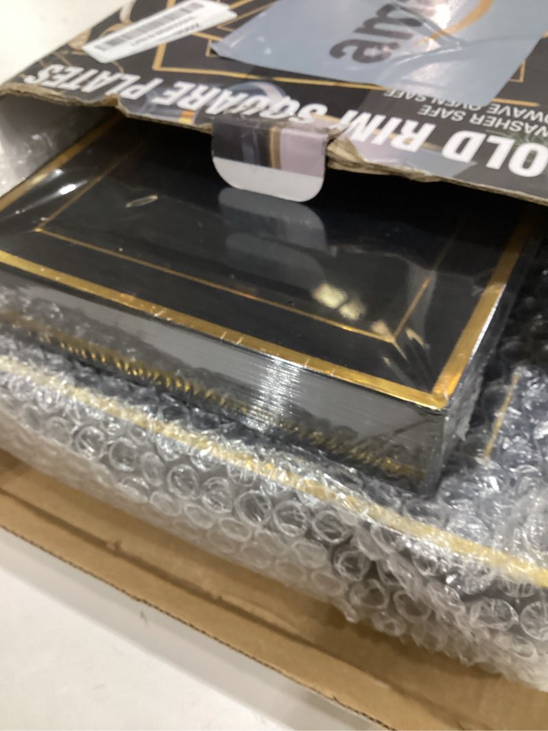 Condition photo showing Good Condition for N9R 60 Pack Black Square Plastic Plates with Gold Rim Include 30 Disposable Dinner Plates 9.5 Inch and 30 Dessert Plate 6.5 Inch, Fancy Plate for Party, Wedding, Halloween and Daily Use Black and Gold