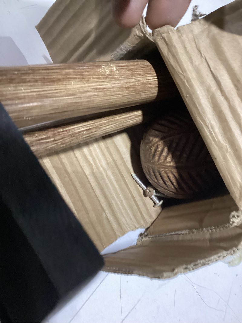 Condition photo showing As Is for wood double curtain rods set for windows 36 to 72 inches (3 to 6 ft), adjustable heavy duty dual drapery rods, 1 inch boho rustic decorative design with imitation wood grain leaf finials dark brown wood grain 36-72"