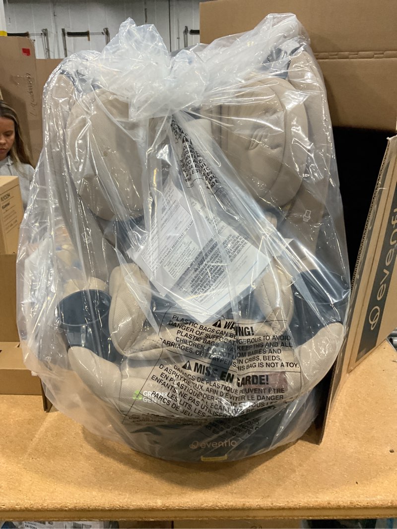 Condition photo showing New/Like New for evenflo revolve360 slim 2-in-1 rotating car seat with green & gentle fabric (travertine)
