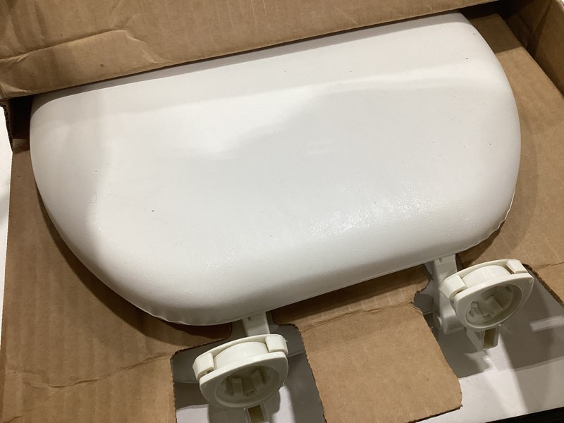 Condition photo showing As Is for mayfair padded toilet seat, cushioned soft vinyl over wood core seat, secure hinges, easy clean, made in usa, round, biscuit round biscuit/linen toilet seat