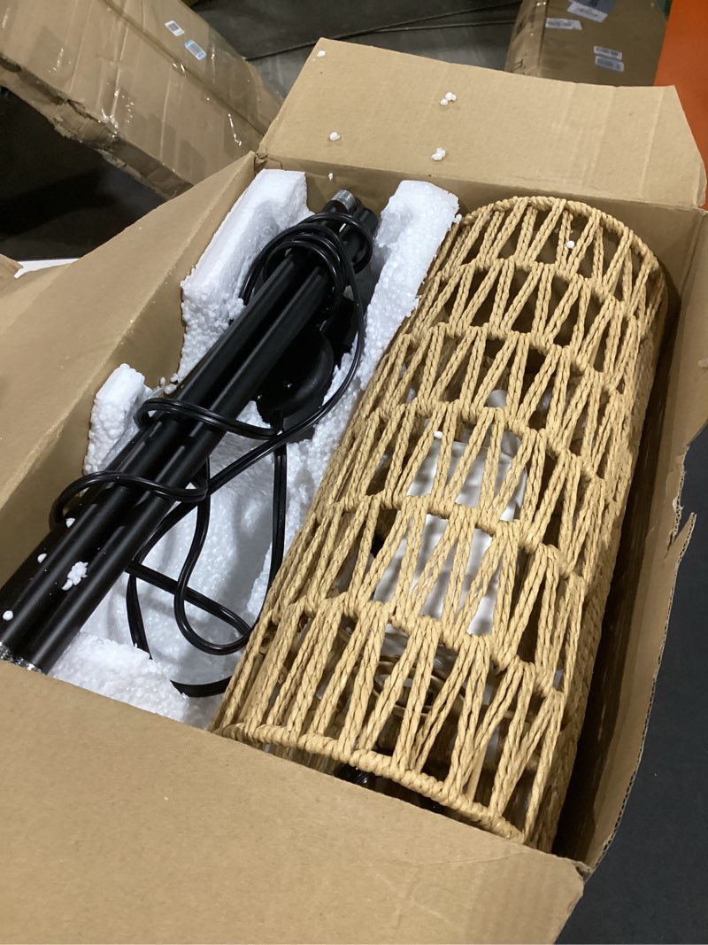 Condition photo showing As Is for Floor Lamp for Living Room,Farmhouse Rattan Floor lamp,Modern Standing lamp with Hand-Worked Rattan Shade,Black Tall Lamp with Foot Switch for Bedroom,Kids Room,Office,LED Bulb is Included. Round Rattan Shade-3 Color Bulb