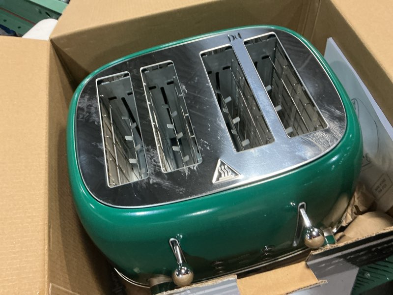 Condition photo showing As Is for roter mond 4 slice toaster retro stainless steel with bagel defrost cancel function, 6 browning settings, extre wide slot and removable crumb tray, green, st033