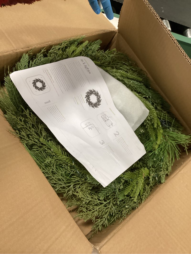 Condition photo showing Good Condition for Lights.com Christmas Wreath Pre-lit 24 inch with 50 Led & Cupressus Tips, Battery Operated Artificial Christmas Wreaths for Front Door with Timer Lights, Wreath for Christmas Decoration Door Windows Wall Green
