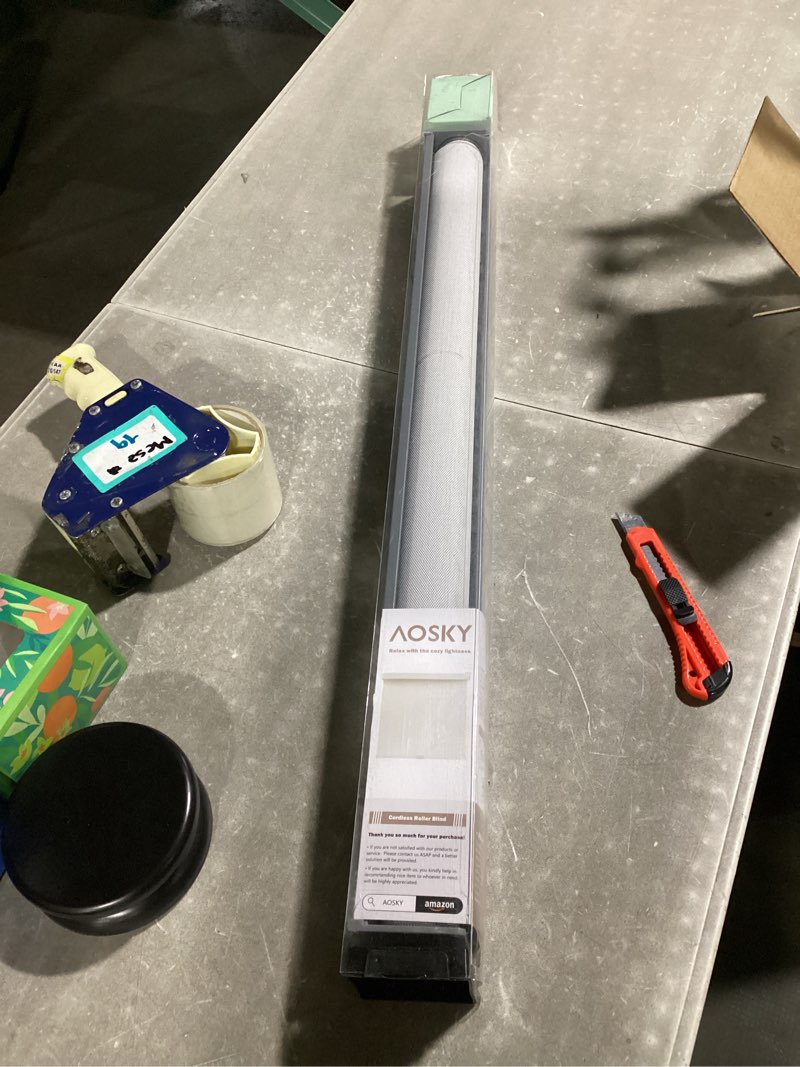 Condition photo showing New/Like New for aosky light filtering roller shades cordless blinds for windows, 1% openness free-stop shades with valance, thermal insulated fabric, uv protection, natural woven blindss?30" w x 72" h, grey? grey 30"w x 72"h