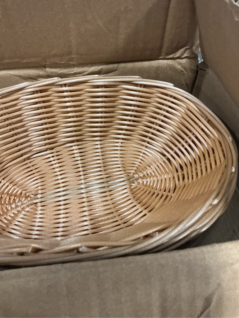 Condition photo showing Good Condition for 20 pack oval poly wicker baskets — 9.1 x 6 x 2.6 inch wicker bread baskets, small size gift baskets for kitchen, restaurant, fruit storage, and food display