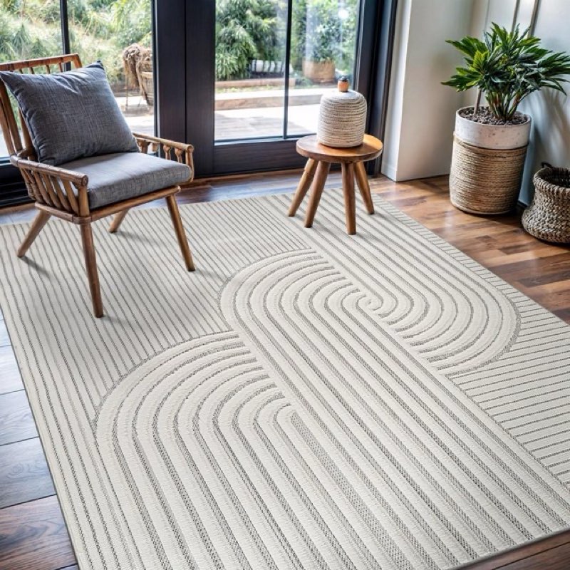 CAMILSON Micro Loop High-Low Pile Stain Resistant Indoor Area Rugs Swirls-White 9x12