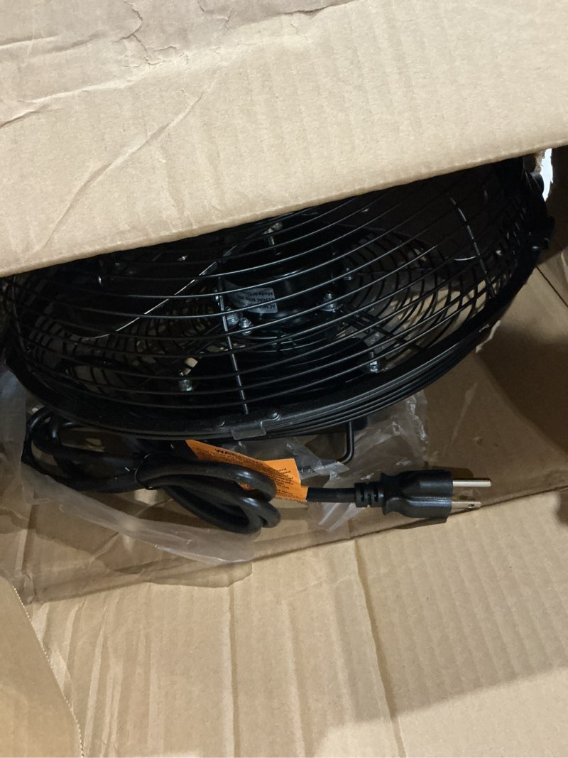 Condition photo showing As Is for bilt hard 4650 cfm 20" high velocity floor fan, 3-speed heavy duty metal fan with wall-mounting system, industrial shop fan for commercial, garage, and greenhouse