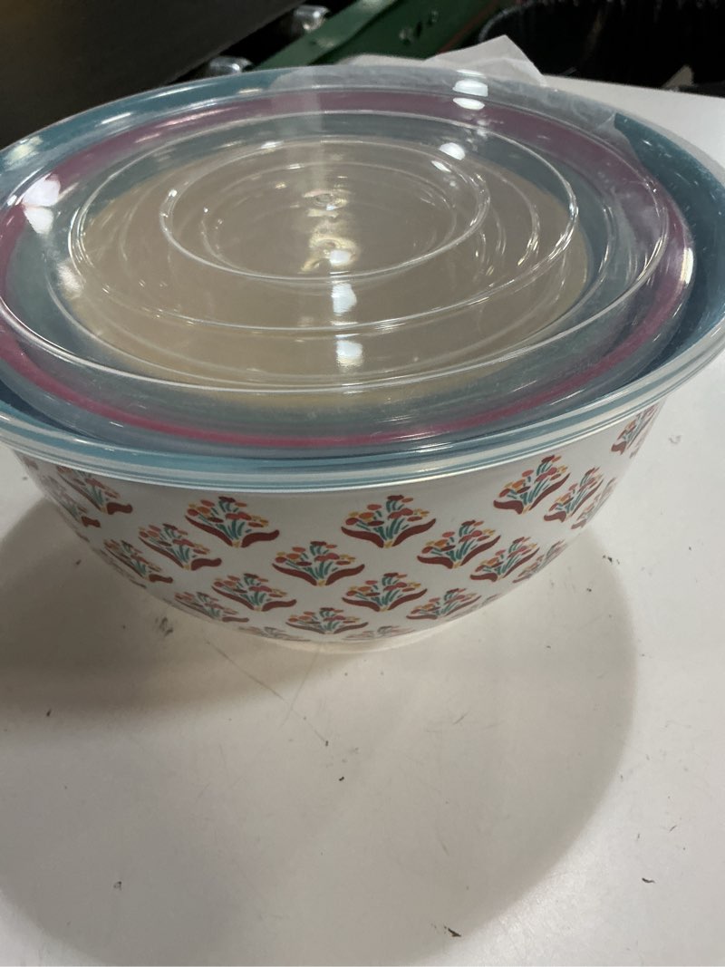 Condition photo showing Good Condition for the pioneer woman brilliant blooms 4-piece melamine bowl set