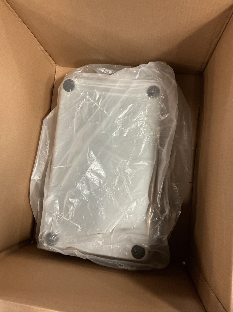 Condition photo showing As Is for stainless steel litter box with high sides, xl high sided cat litter pan, open top extra large metal cat litter box, non-stick, odor free, leakproof, scoop included, gray