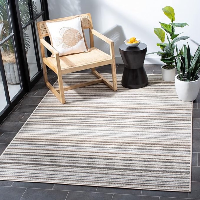 (Similar) Cabana Collection Area Rug - 9' x 12', Ivory & Grey, Stripe Design, Non-Shedding & Easy Care, Indoor/Outdoor & Washable-Ideal for Patio, Backyard, Mudroom