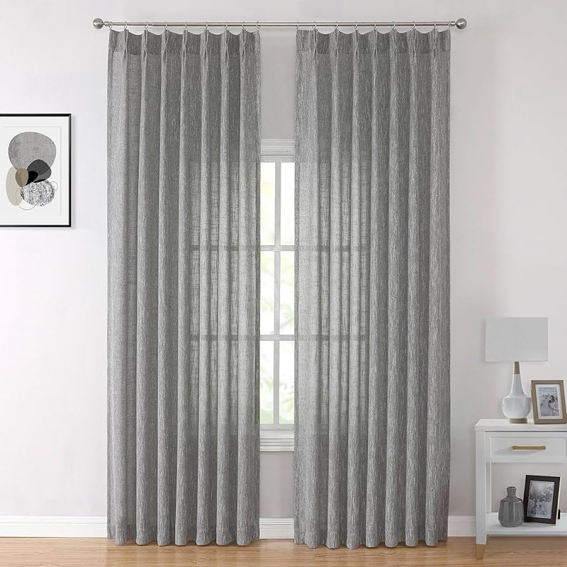 Vision Home Grey Pinch Pleated Semi Sheer Curtains Textured Light Filtering Window Curtains 102 inch