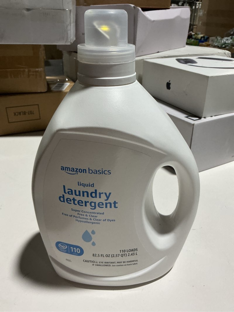 Condition photo showing As Is for amazon basics concentrated liquid laundry detergent, free & clear, 110 count, 82.5 fl oz (previously solimo)