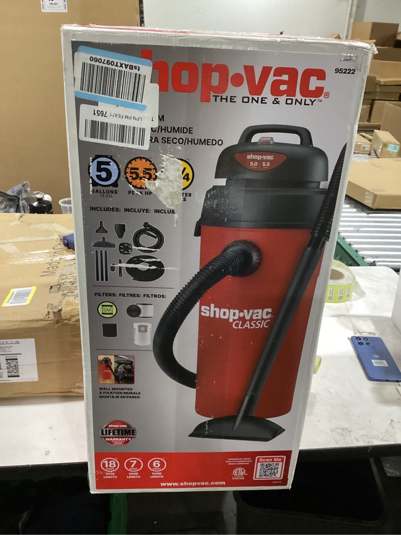 Condition photo showing New/Like New for Shop-Vac 5 Gallon 5.5 Peak HP Wet/Dry Vacuum, Wall Mountable Compact Shop Vacuum with 18+7Ft Long Hose & Attachments, Ideal for Jobsite, Garage, Car & Workshop. 9522236