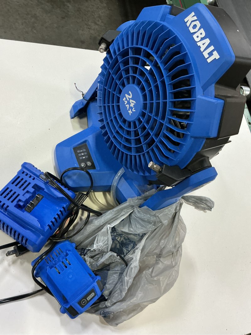 Condition photo showing As Is for kobalt 7-in high velocity indoor/outdoor misting floor fan, battery powered, in blue kmf 1124a-03