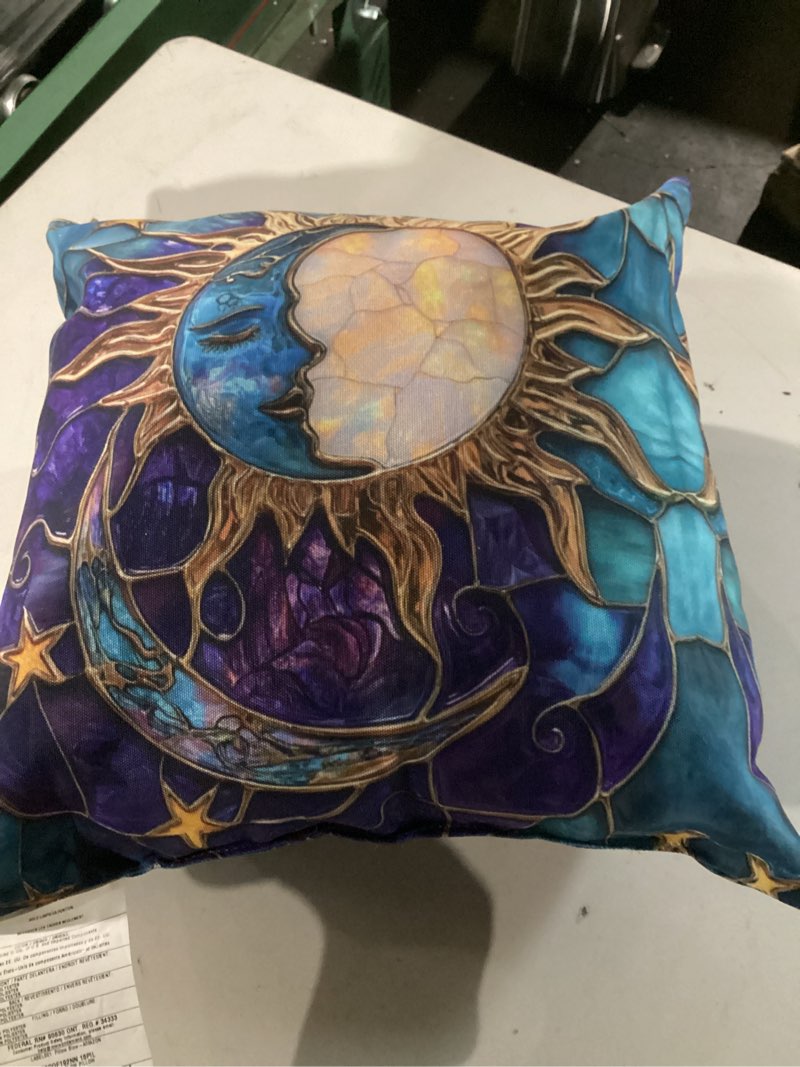 Condition photo showing Good Condition for Celestial Sun Moon Face Stained Art Stain Art Teal Purple Throw Pillow 16x16