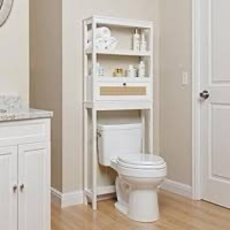 GORZING Over The Toilet Storage Cabinet, 3-Tier Bathroom Organizer with Rattan Door, Wooden Space white