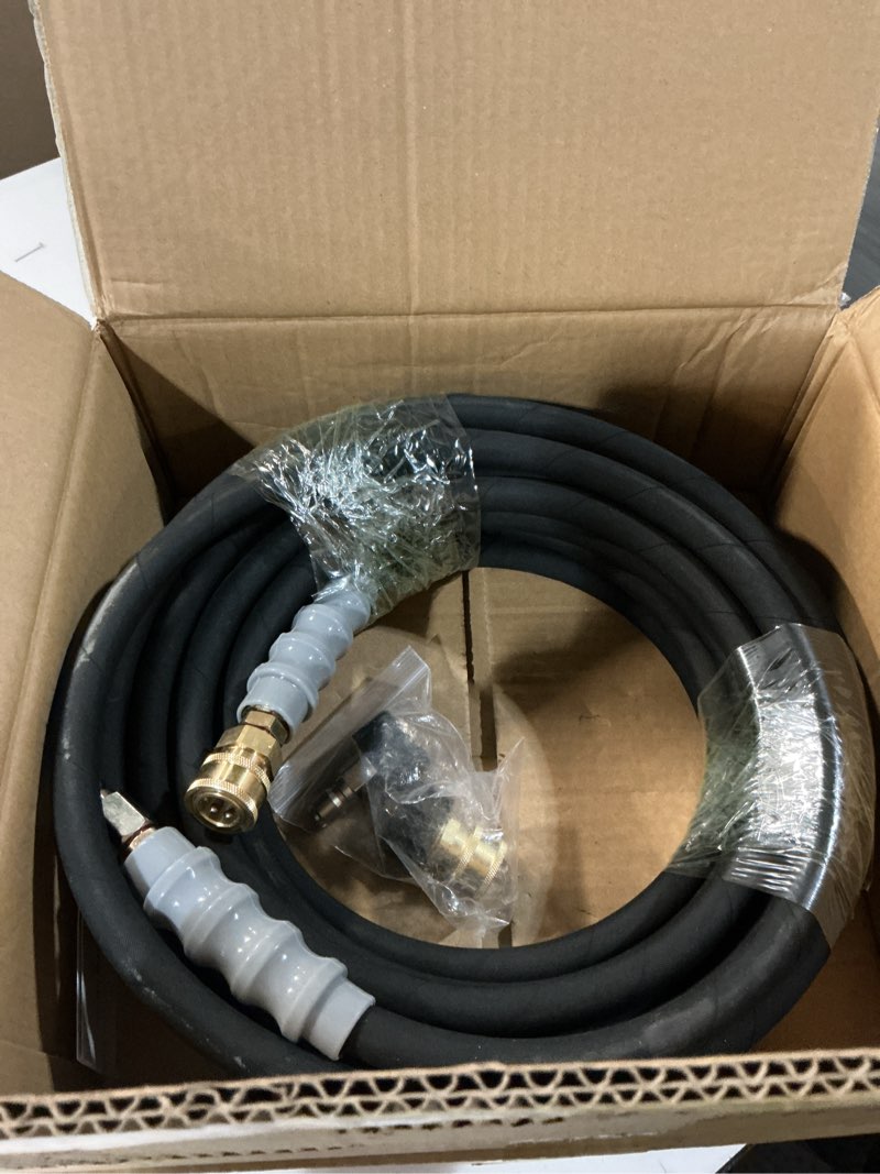 Condition photo showing As Is for 3/8" pressure washer hose 50ft 4800 psi, kink resistant steel braided layer & nonmarking rubber for hot/cold water, high power washer hose with 3/8 inch quick connect & m22 fitting, black black 50ft