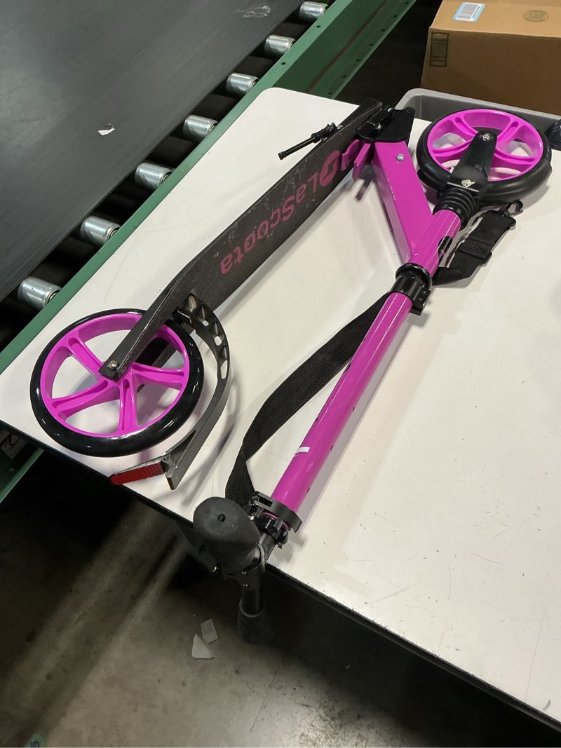 Condition photo showing Good Condition for kick scooter for ages 6+, for kids, teens, and adults, max load 240 lbs, foldable, 8-inch big wheels for kids and adults, with kickstand, 3 adjustable levels, child safety approved, pink