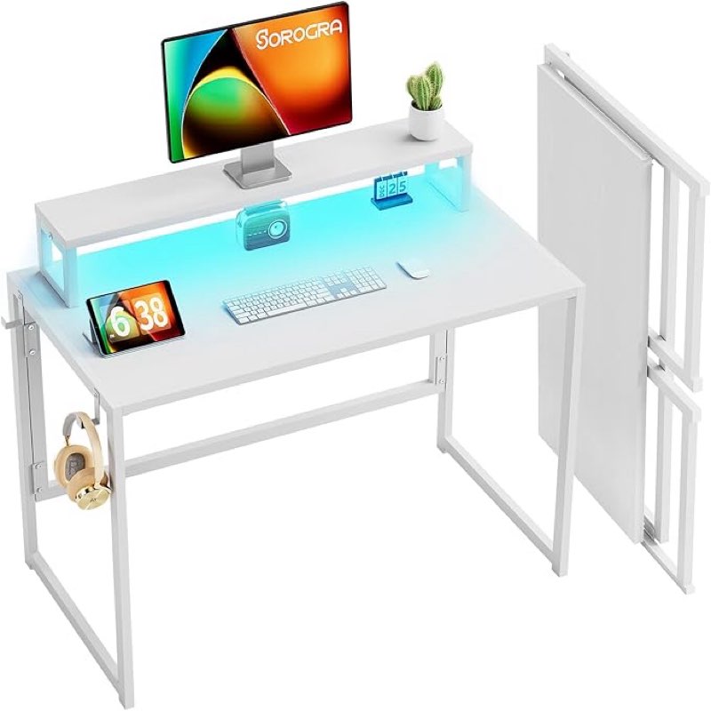 Small Folding Desk 39.4 Inch, Foldable Computer Desks with LED Lights and Monitor Stand, Work Portable Table for Bedroom Home Office, White