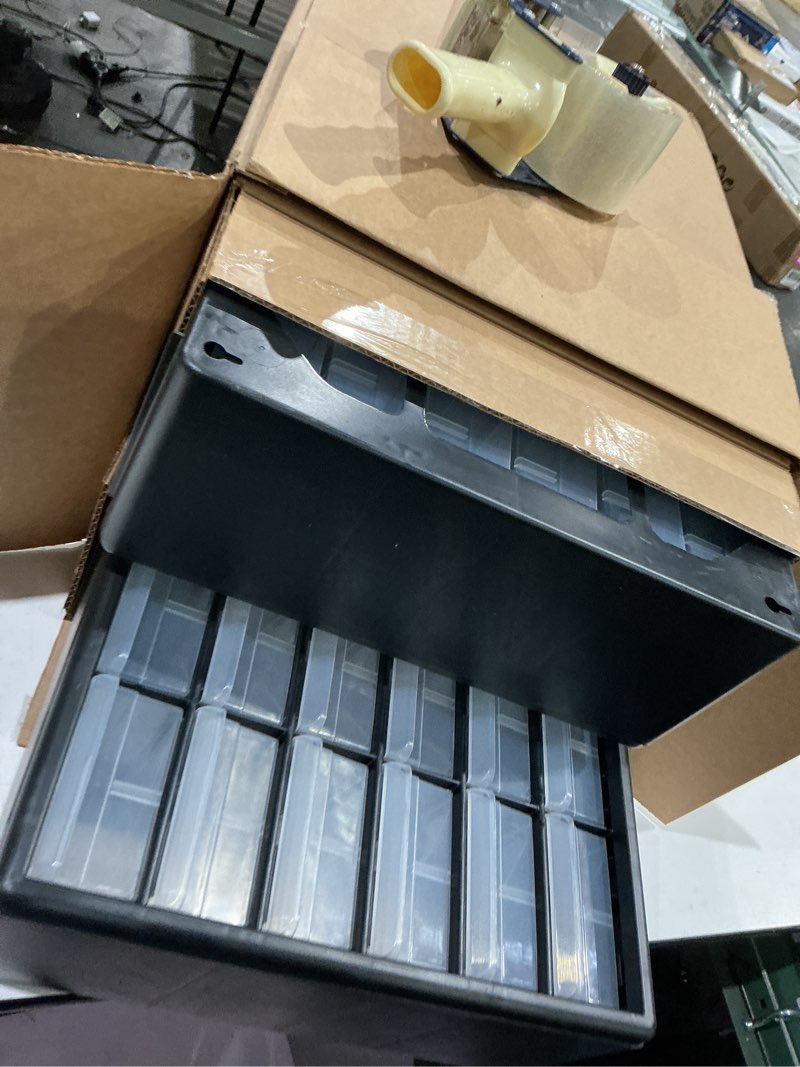Condition photo showing Good Condition for akro-mils 24-drawer plastic drawer storage cabinet for garage organization, bead organizer, building bricks storage, teacher toolbox, makeup organizer, 20" w x 6" d x 16" h, 10724 black 24 drawer
