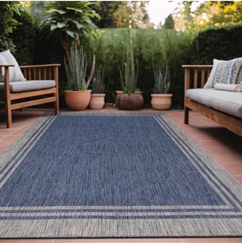 Similar to the photo reference, Alfombra exterior con bordes de 5 x 7 pulgadas, lavable para interiores, patio, porche, impermeable, fácil de limpiar, no se desprende, color azul marino, 5 x 7 pulgadas