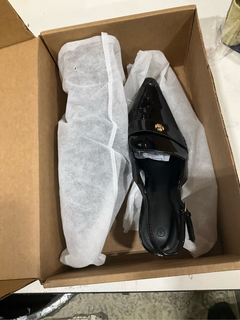 Condition photo showing Good Condition for coutgo women's pointed toe sandals slingback kitten heel pumps slip on ankle buckle dress shoes 9 black