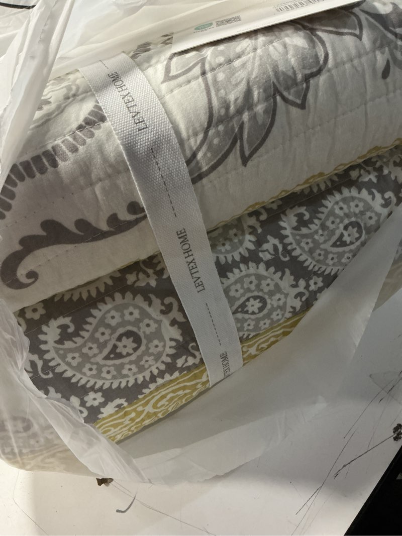 Condition photo showing Good Condition for Levtex Home - St. Claire Quilt Set - King Quilt + Two King Pillow Shams - Suzani and Paisleys - Grey and Yellow - Quilt Size (106x92in.) and Pillow Sham Size (36x20in.) - Reversible