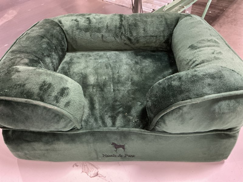Condition photo showing As Is for noah & paw dog bed, 28x23x11 inch, orthopedic dog beds for medium size pets, eggshell memory foam infused with cooling gel, inner cover, waterproof, machine washable (faux leather sofa collection) green medium