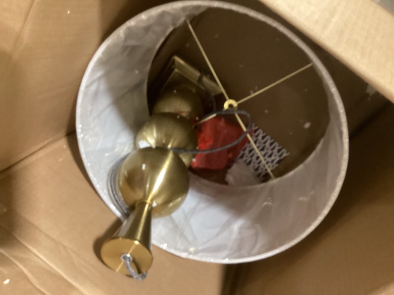 Condition photo showing Good Condition for JONATHAN Y 33" Brass Gold Stacked Orb Metal LED Table Lamp, Contemporary Transitional Iron Bedside Lamp for Living Room Bedroom, White Linen Drum Shade, LED Bulb Included JYL3021A