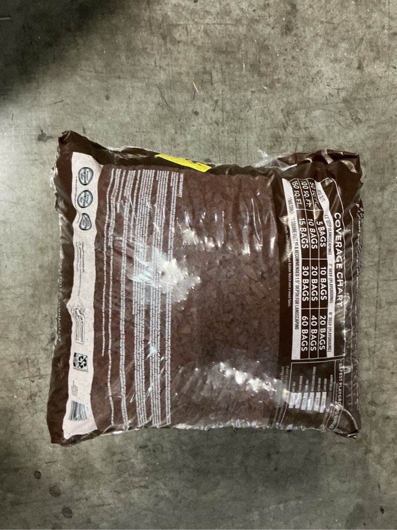 Condition photo showing As Is for member's mark brown rubber mulch, 1.25 cu. ft.