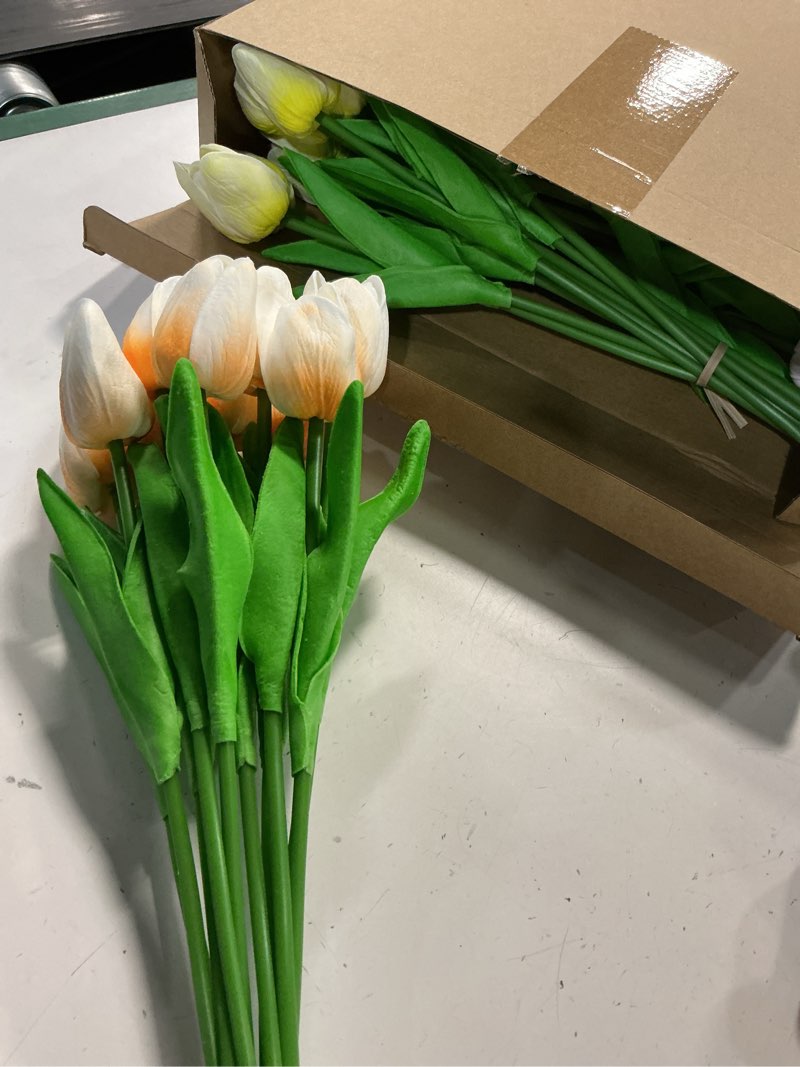 Condition photo showing Good Condition for Jexine 100 Pcs Artificial Real Touch Tulips Fake Artificial Tulip Flower Bulk Bouquet with Stem for Table Centerpieces Wedding Bridal Easter Mother's Day Garden Home Decor, 13.4''(Colorful)
