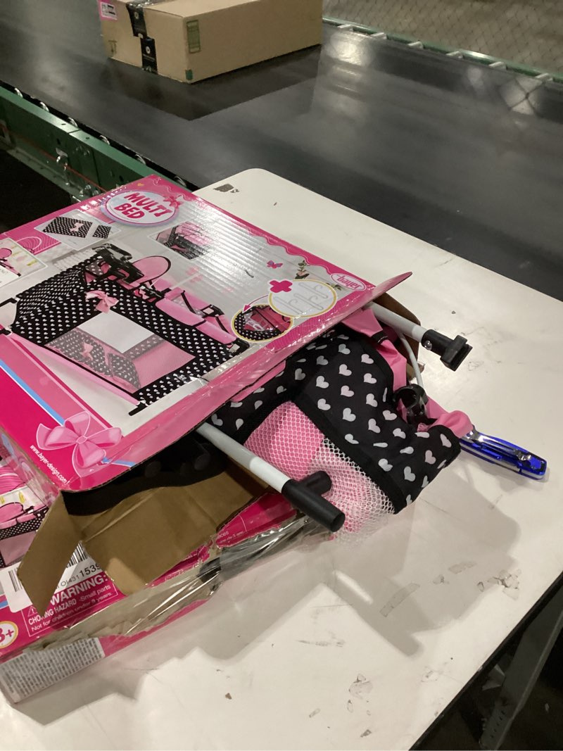 Condition photo showing New/Like New for Bayer: Multi Bed - Black, Pink, Hearts - Accessory Set for Dolls Up to 18", Built-in High Chair, 3 Hangers, Pillow, Blanket, Kids Ages 3+