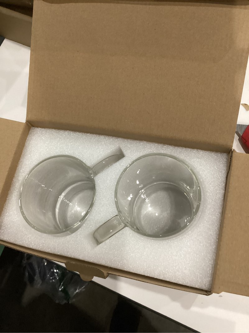Condition photo showing New/Like New for Aquach 22oz Stackable Glass Mugs with Handle, Set of 2 - Large Clear Coffee Cups for Latte, Cappuccino, Mocha, Americano, and Tea AQU021-22 Large (22 fl oz, Pack of 2)