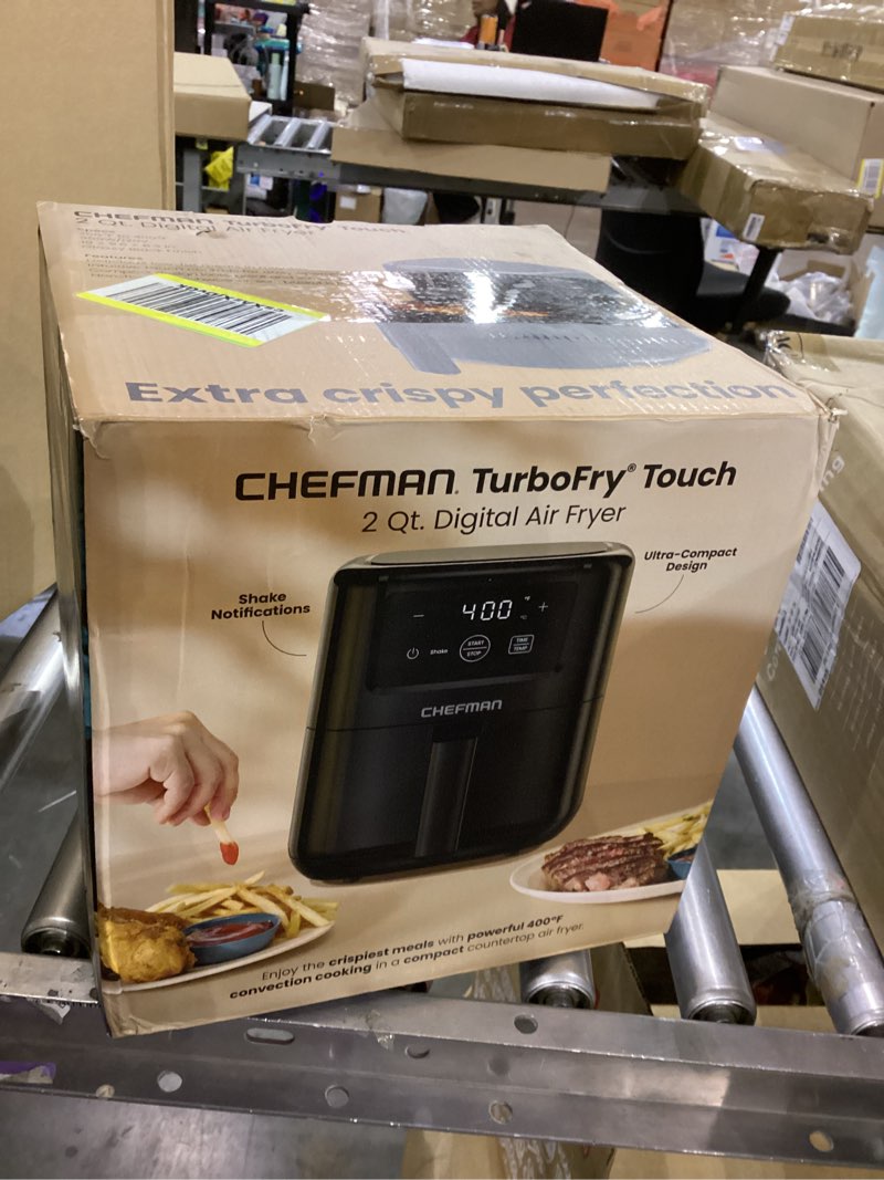 Condition photo showing As Is for CHEFMAN 2 Qt Mini Air Fryer – Digital Space-Saving Compact Air Fryer with Nonstick and Dishwasher Safe Basket, Quick & Easy Meals in Minutes, Features Digital Timer and Shake Reminder – Black