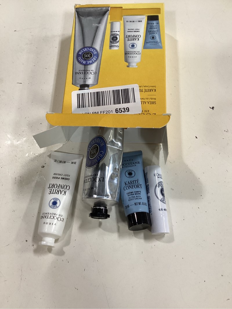 Condition photo showing New/Like New for l'occitane shea all day body skincare gift set, ultra rich cream, hand lotion, foot balm, nourishing lip care, hydrate & comfort dry, cracked skin