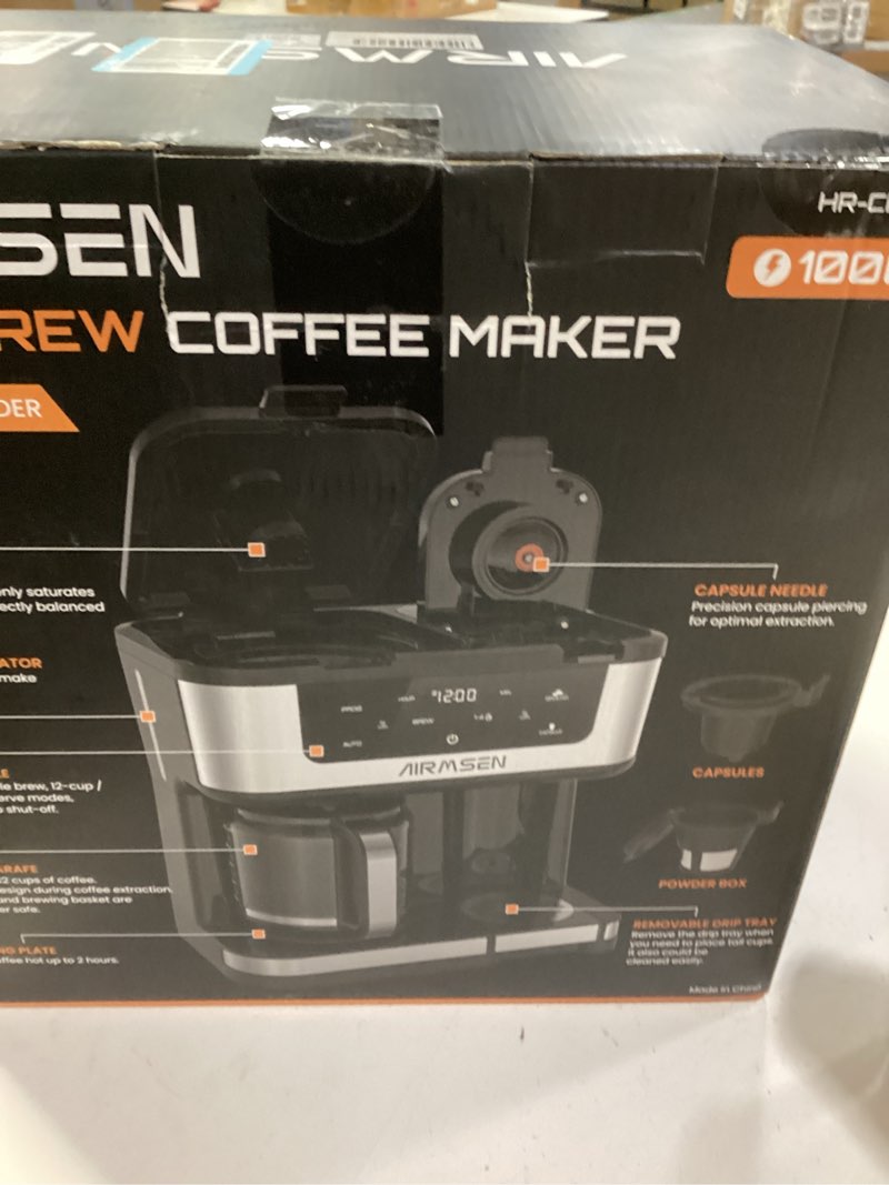 Condition photo showing New/Like New for AIRMSEN 12-Cup Programmable Dual Coffee Maker – Single Serve Machine for K-Cup Pods & Ground, 1000W Fast Brew, Delay Start, 2H Keep Warm, Touchscreen, 60oz Tank, Glass Carafe – Home & Office