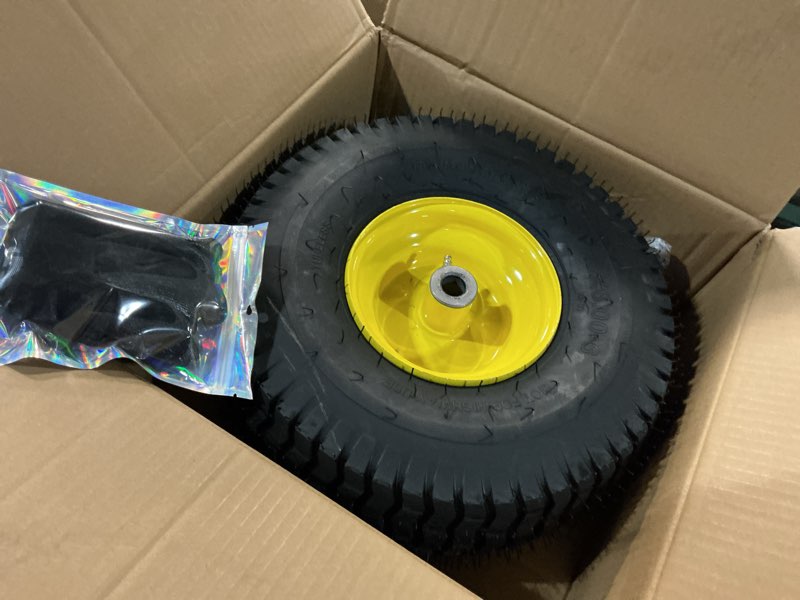Condition photo showing Good Condition for 15x6.00-6 lawn mower tires(yellow wheel)15x6-6 front tire replacement for craftsman/john deere/cub cadet riding mowers,4 ply tubeless-3" offset hub,3/4" bushing 1 pcs