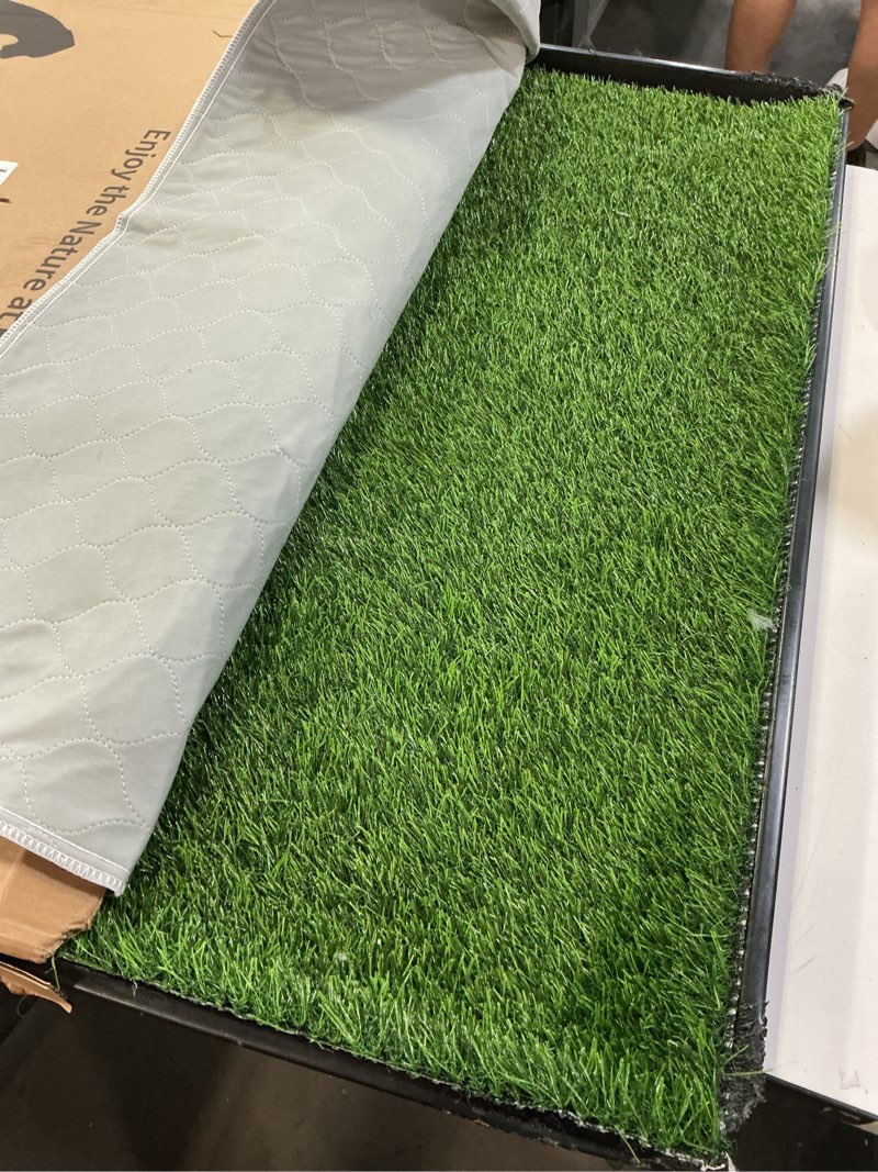 Condition photo showing As Is for Dog Grass Pad with Tray Large 34’’×23’’, Dog Litter Box with Odor Free Artificial Grass Pee Pads for Dogs Potty Tray with Hemmed Edge, Realistic for Indoor Balcony Large for Dog? 28" Length