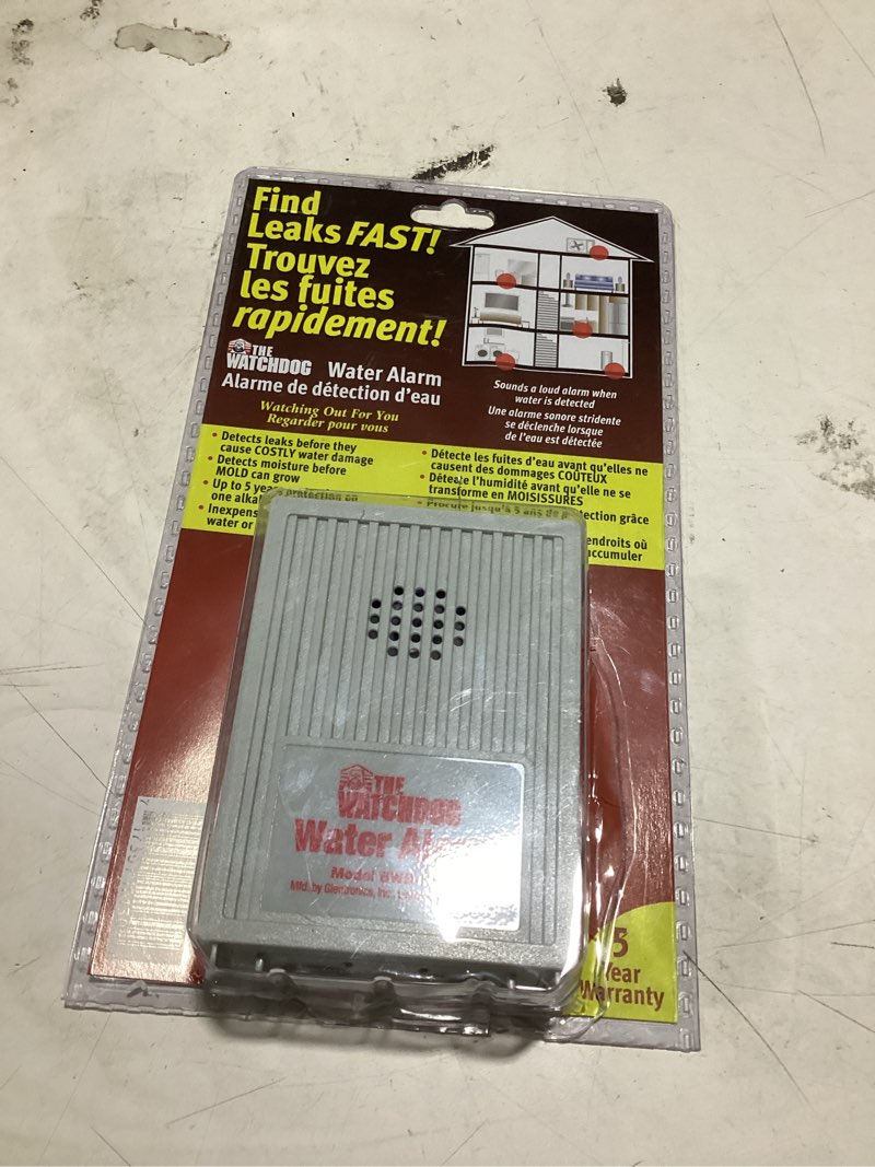 Condition photo showing As Is for battery-operated water alarm sump accessory