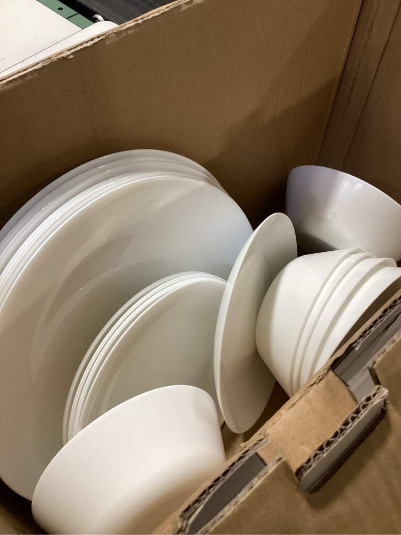 Condition photo showing Good Condition for Dinnerware Sets for 6, LaGlint 18 Pieces Opal Glass Plates and Bowls Set, Dishwasher and Microwave Safe Dish Dinning Ware, Chip and Scratch Resistant Dishware White 18 Pcs (Service for 6) White