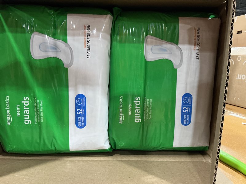 Condition photo showing Good Condition for amazon basics men's incontinence guards, maximum absorbency, moisture-wicking with odor protection, one size fits most, 104 count (2 packs of 52)