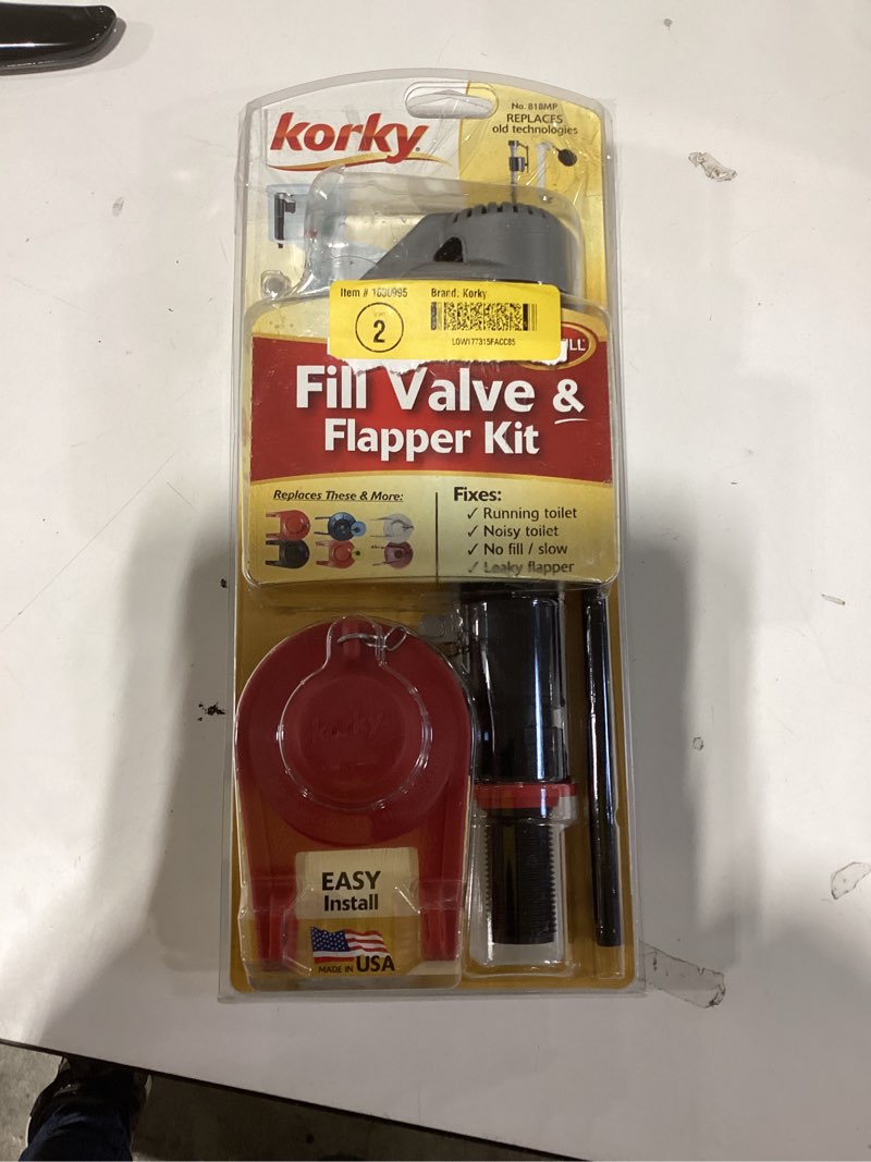 Condition photo showing New/Like New for korky universal toilet fill valve and 2-in flapper kit