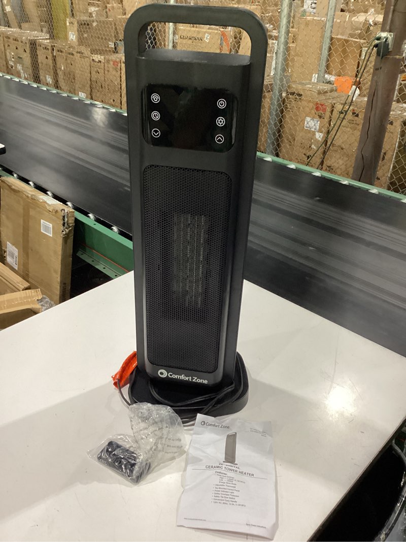 Condition photo showing New/Like New for **not tested**   zone 26” oscillating digital tower heater – portable ceramic space heater with remote, adjustable thermostat (50°f-90°f), 24-hour timer, eco mode & overheat protection – etl certified, black