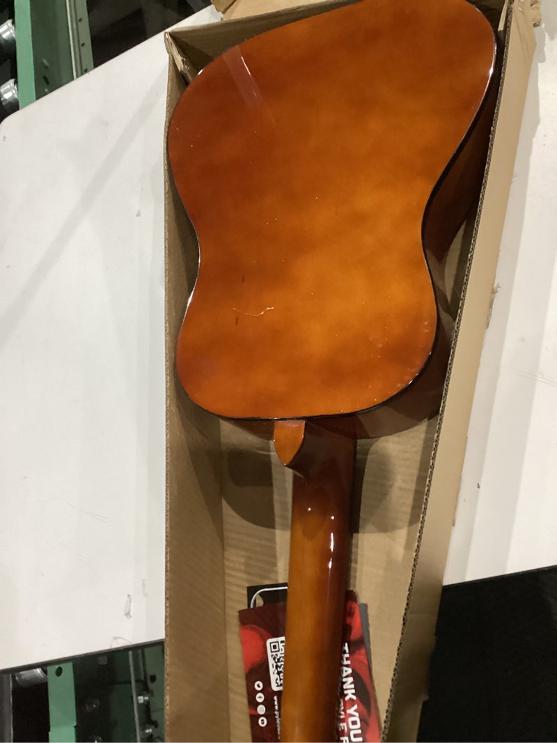 Condition photo showing As Is for pyle beginner acoustic guitar kit, 1/2 junior size all wood instrument with full accessory kit, picks, shoulder strap, carry case, cleaning cloth, tuner app, 2 month lessons, 34” natural, gloss