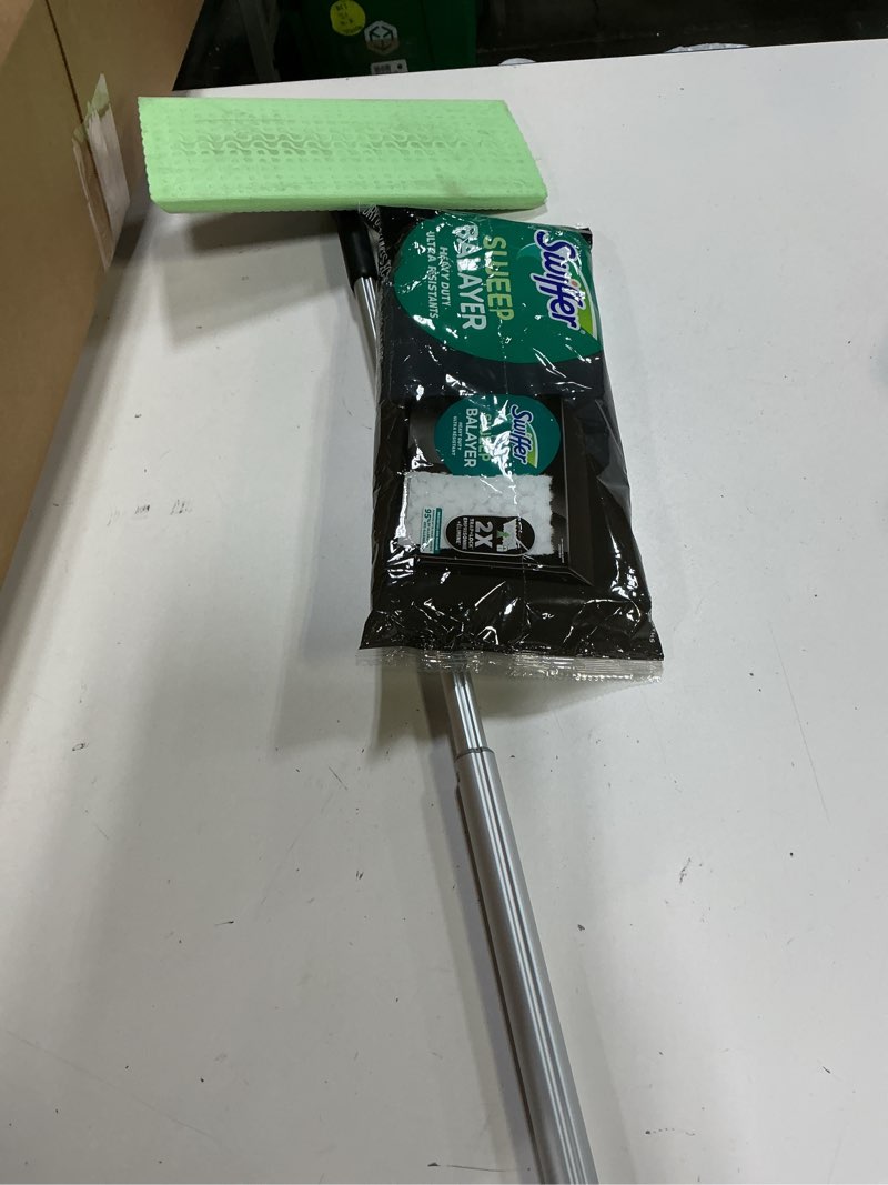 Condition photo showing Good Condition for swiffer sweep & mop deluxe 2-in-1 multi-surface kit for floor cleaning, includes 1 sweeper device, 5 dry sweeping + 6 wet mopping heavy duty cloths, black deluxe starter kit