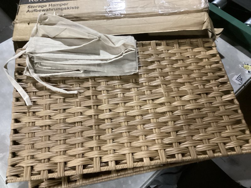 Condition photo showing Good Condition for songmics storage basket with lid, woven blanket storage bin with handles, foldable, removable liner, metal frame, for bedroom, laundry room, 27.7 gallons (105 l), natural urst066n01 105 l natural